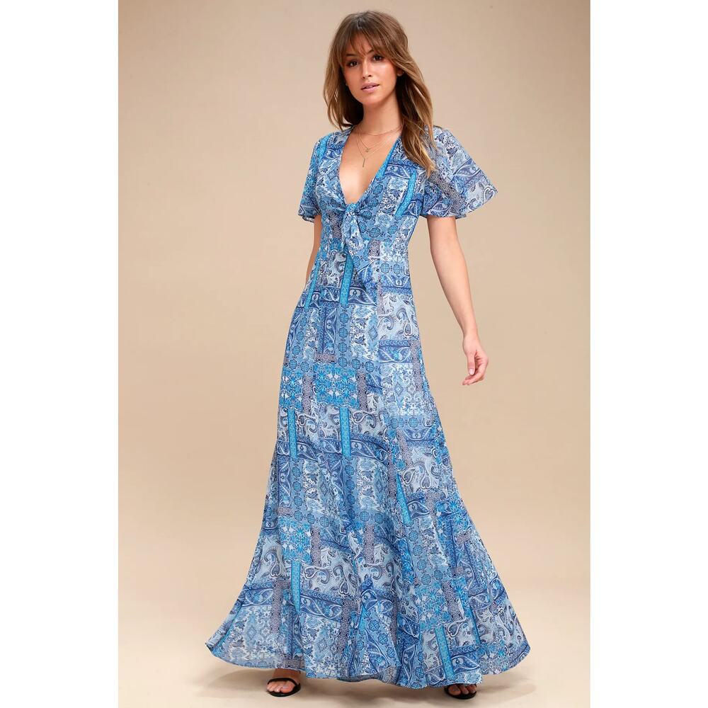 Lulus Wings of Love Blue Print Short Sleeve Maxi Dress Women's Size XS